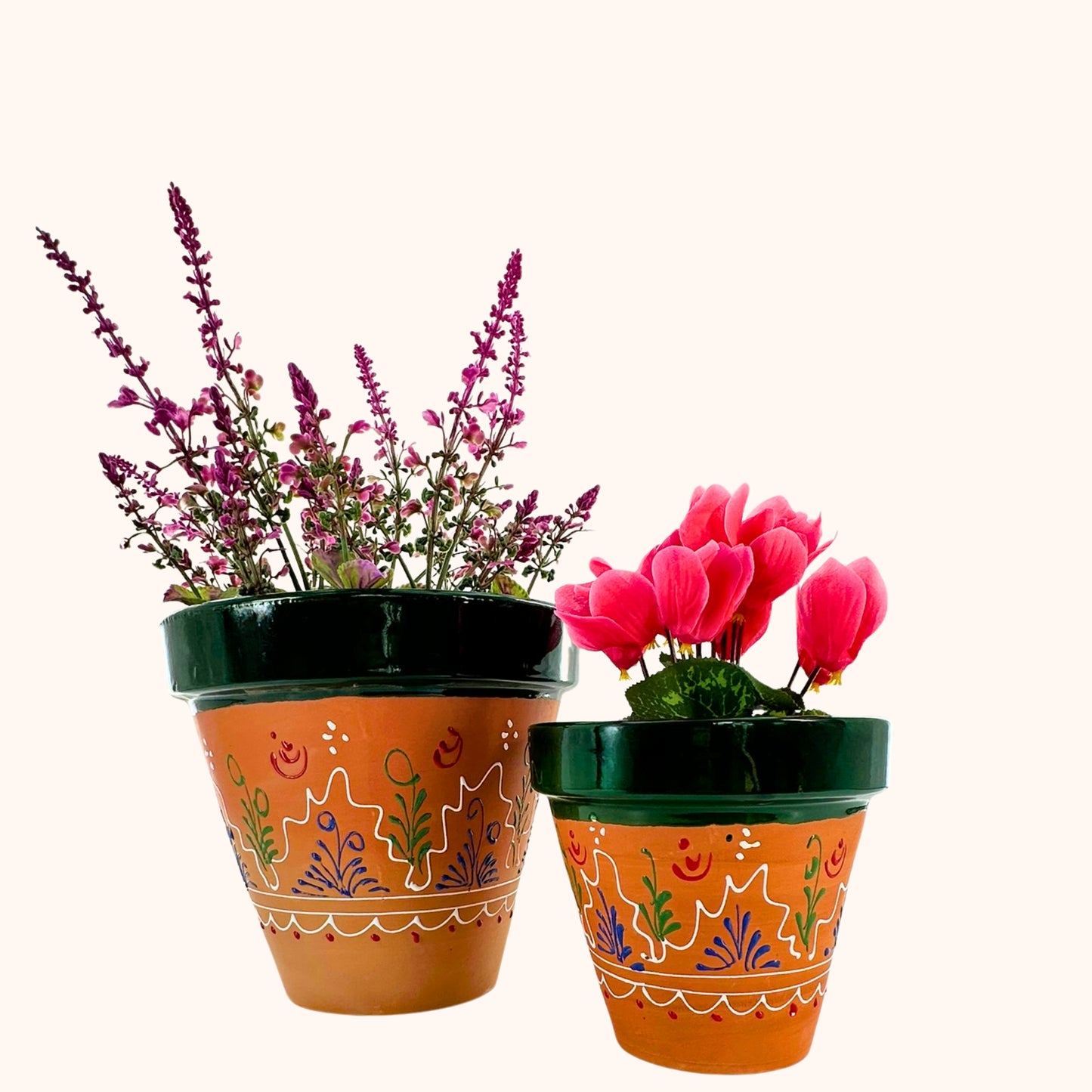 🌿 Keramieken terracotta plantenpotten H18 x Ø18 cm – Groene geglazuurde rand & kleurrijke beschildering