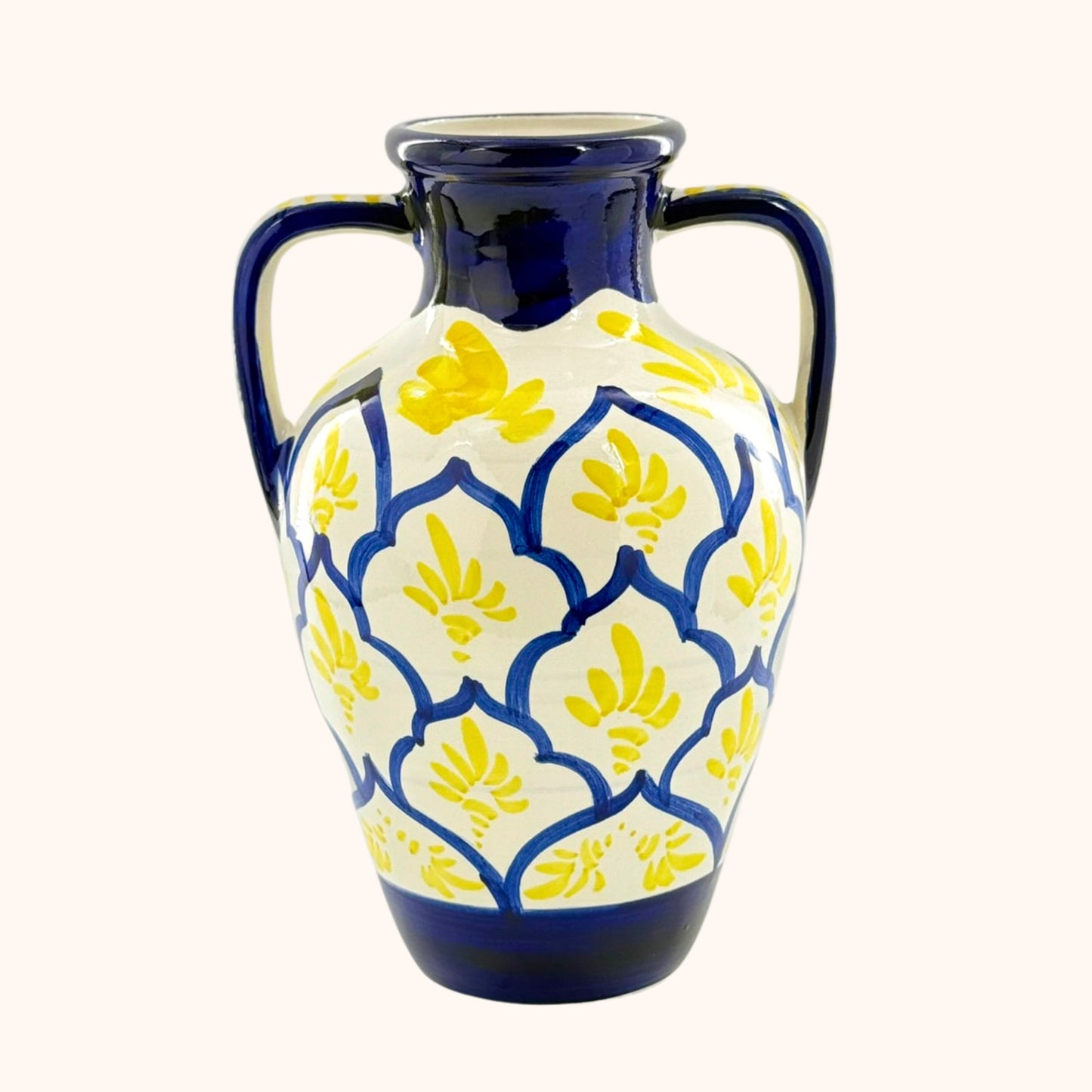 Grote blauw/gele keramieke kruik-42 cm – een handgemaakt pronkstuk voor huis of tuin