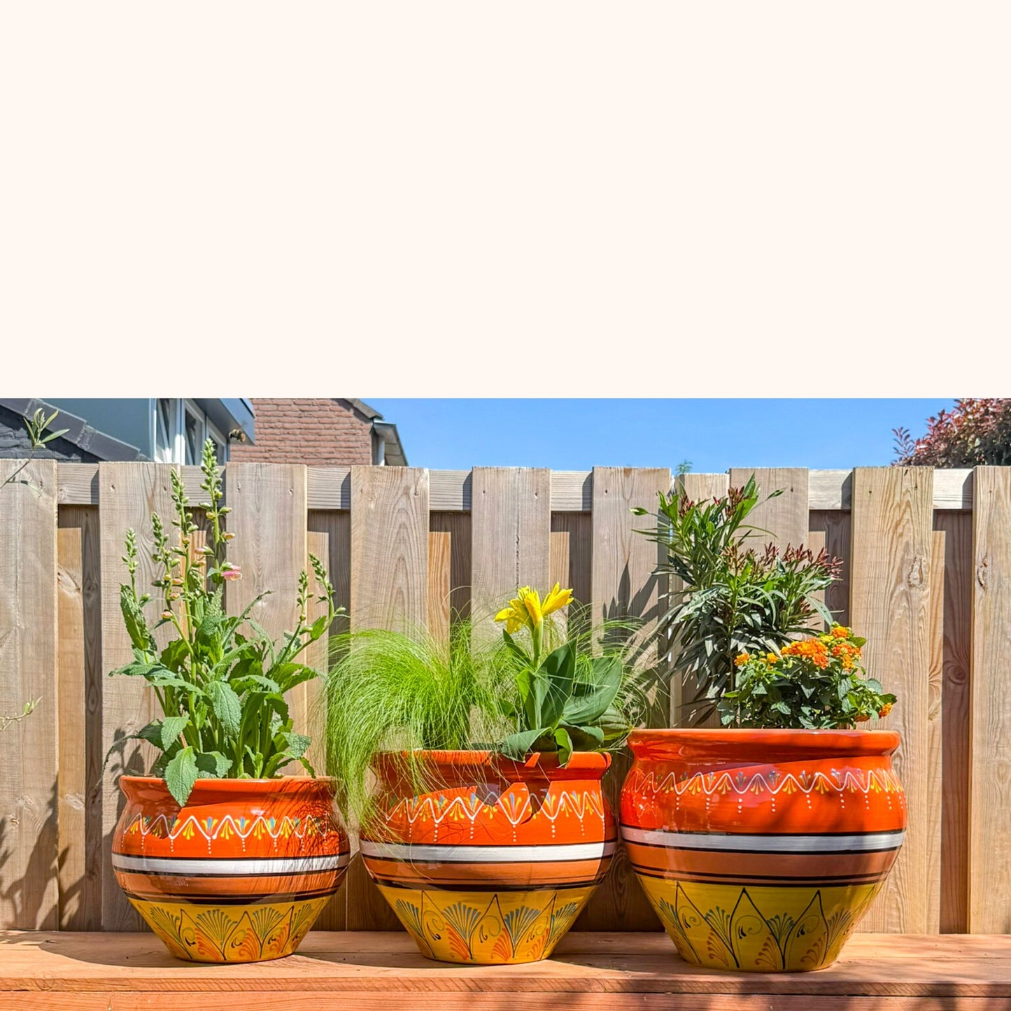 Handbeschilderde Spaanse plantenpot naranja y amarillo (terracotta)