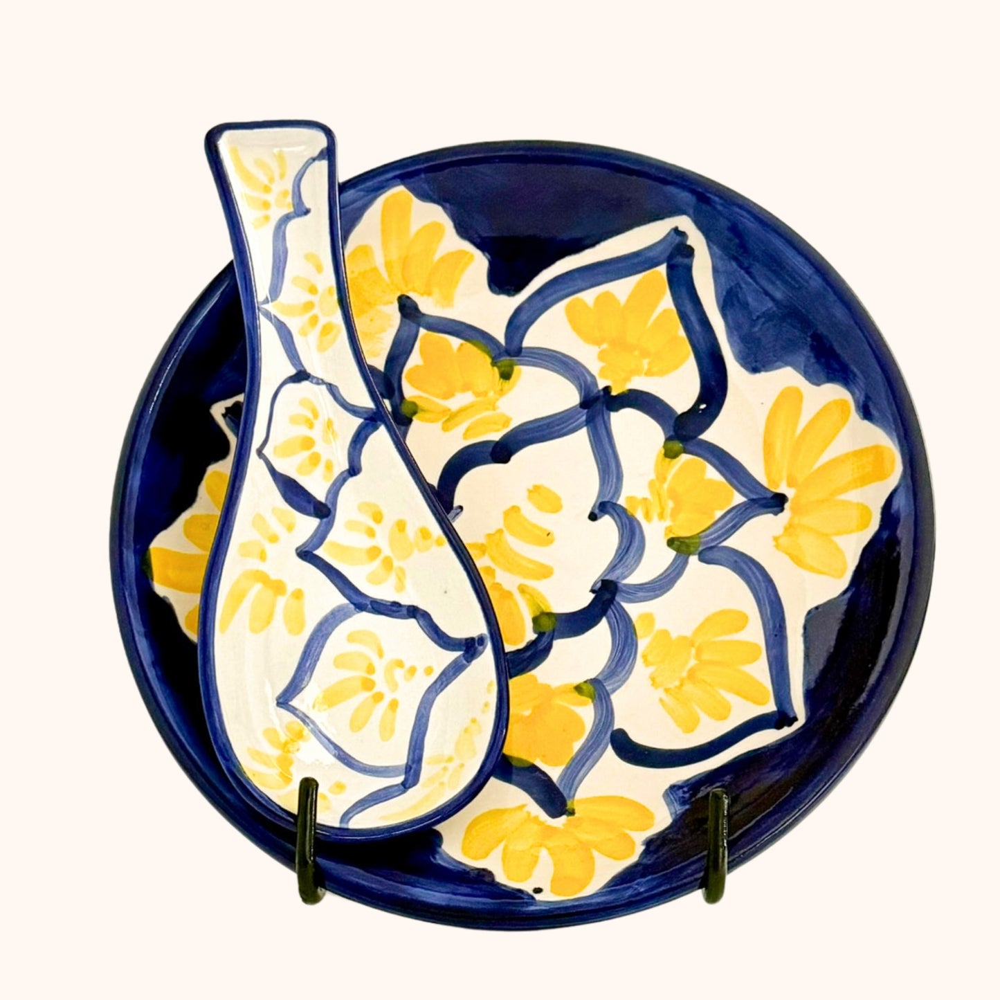 Handgemaakte keramieke lepel geel/blauw – stijlvol voor koken en serveren!