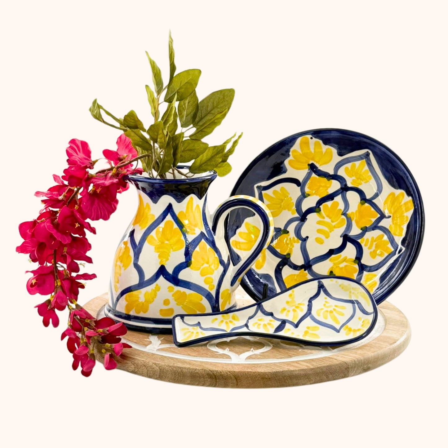 Keramieke serveerschaal/tapasbord geel/blauw– kleurrijk en handbeschilderd uit Spanje