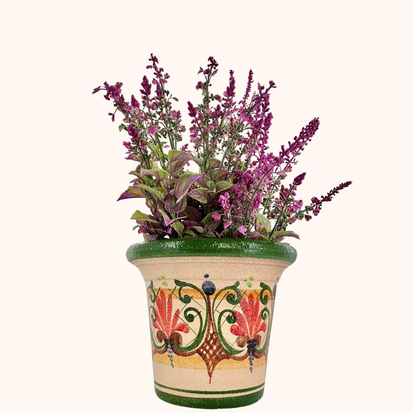 Terracotta bloempot groen 26 cm hoog – handbeschilderd met drainagegat