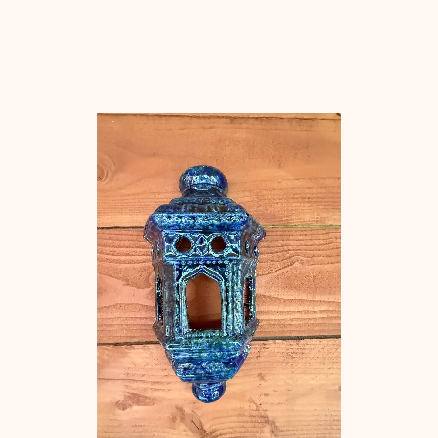 Wandlantaarn van terracotta – Blauw/groen– 40x23 cm