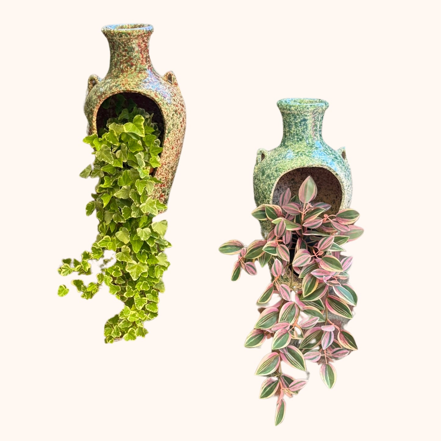 Terracotta kruik met opening – wit & groen | 39 x 20 cm
