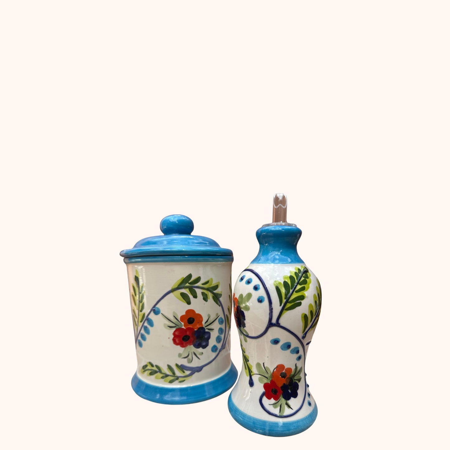 Voorraadpot & Olijfolieschenkkan – Azuurblauw met Bloemen