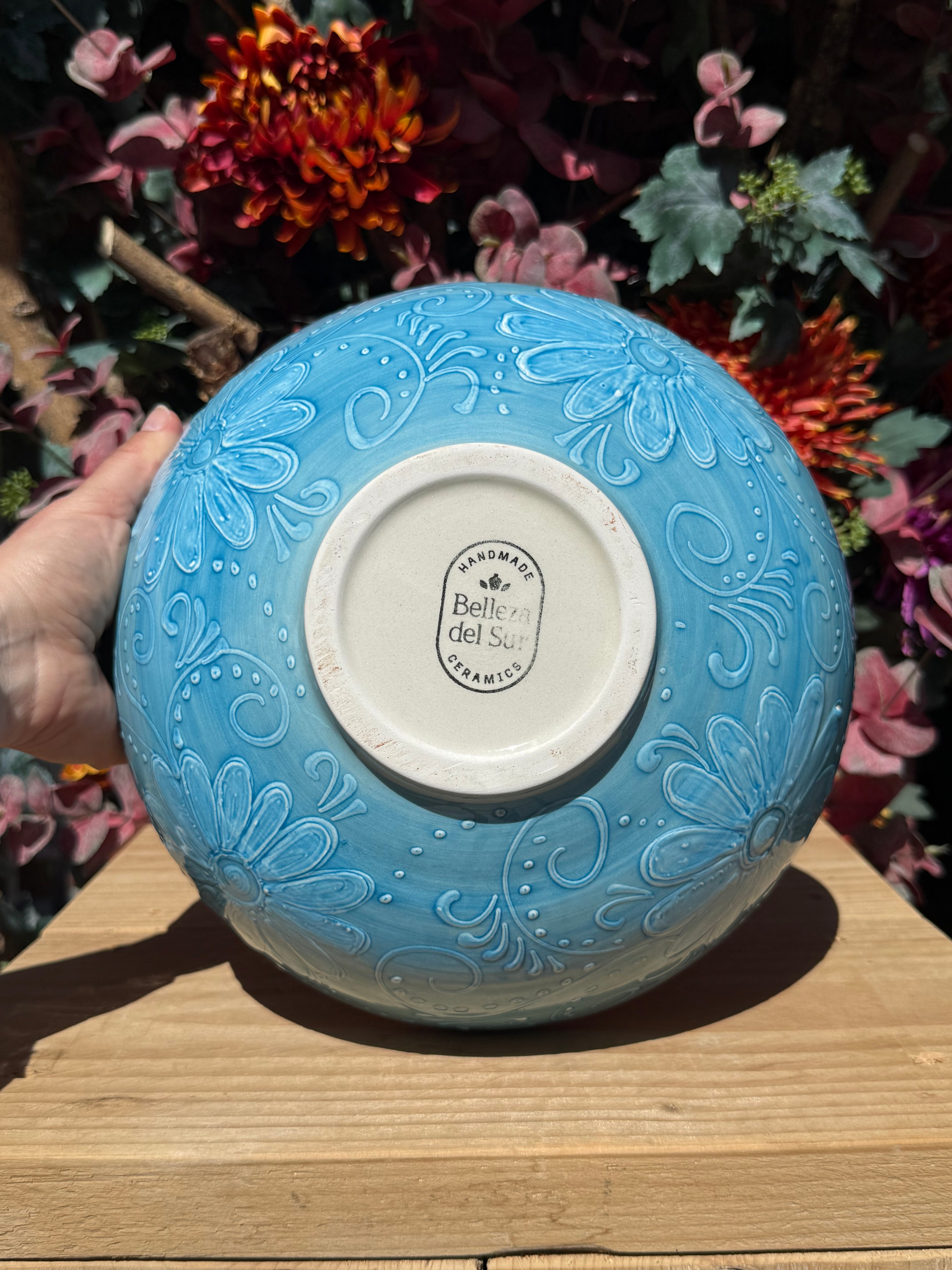Keramieken kom blauw Azul Flor onderkant met Belleza del Sur stempel