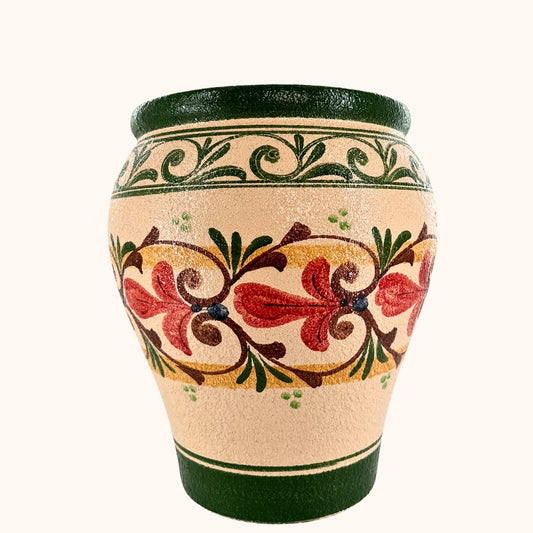 Terracotta bloempot groen 46 cm hoog – handbeschilderd met drainagegat