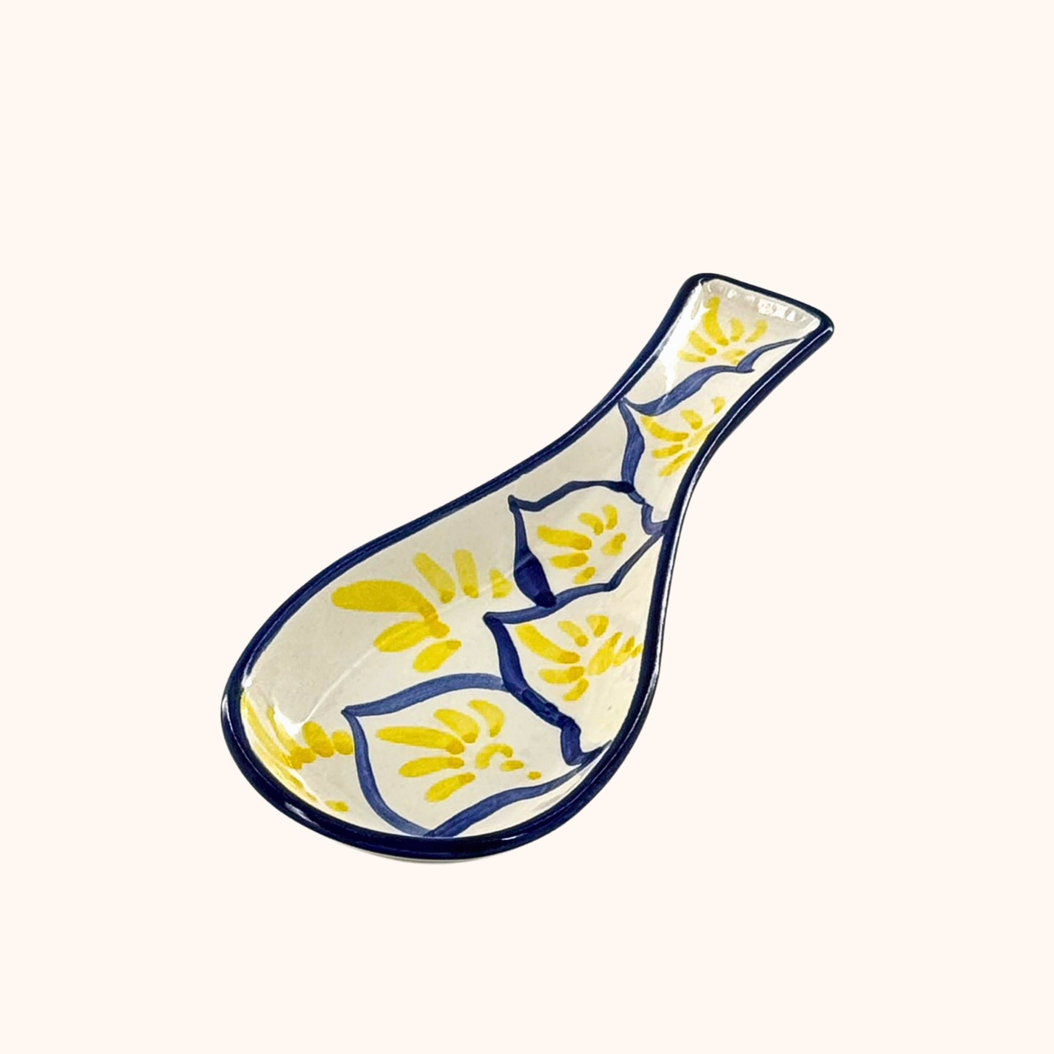 Handgemaakte keramieke lepel geel/blauw – stijlvol voor koken en serveren!, handgemaakt keramiek uit Spanje in blauw en geel - Belleza del Sur
