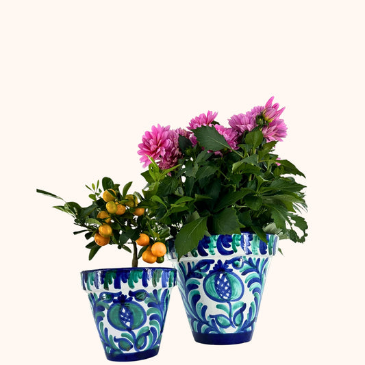 ⚪ Jardín Andaluz – Grote bloempot (H25 x Ø25 cm) – Donkerblauw/Groen/Wit