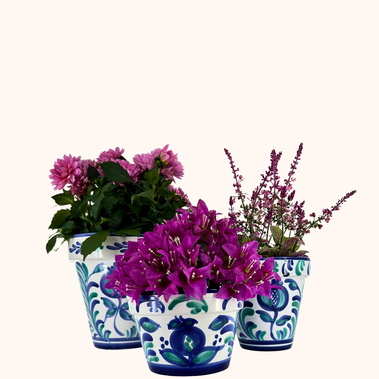 🌿 Jardín Andaluz – Lichte, platte bloempot (H21 x Ø15 cm) – Lichtblauw/Groen/Wit