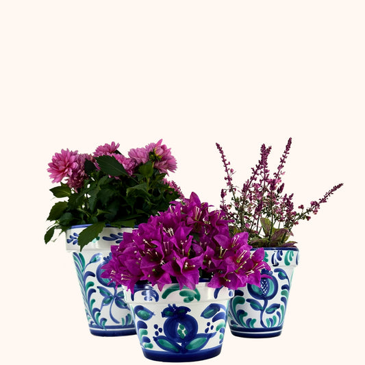 🌿 Jardín Andaluz – Lichte, platte bloempot (H21 x Ø15 cm) – Lichtblauw/Groen/Wit