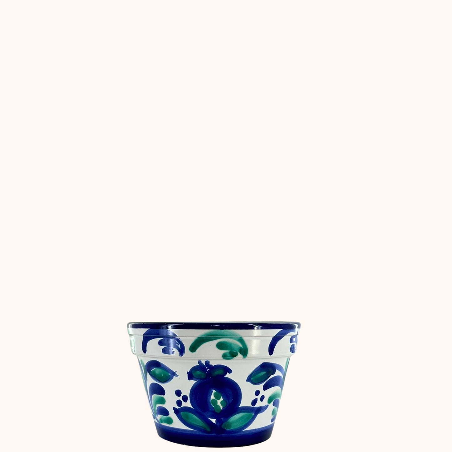 🌿 Jardín Andaluz – Lichte, platte bloempot (H21 x Ø15 cm) – Lichtblauw/Groen/Wit