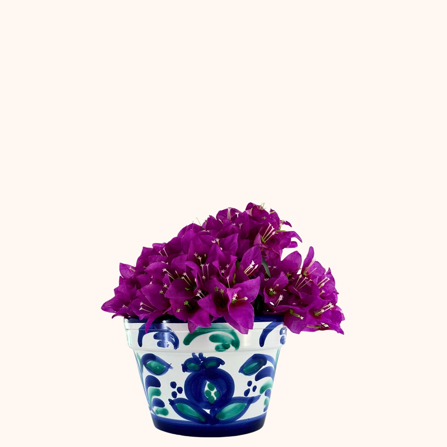 🌿 Jardín Andaluz – Lichte, platte bloempot (H21 x Ø15 cm) – Lichtblauw/Groen/Wit