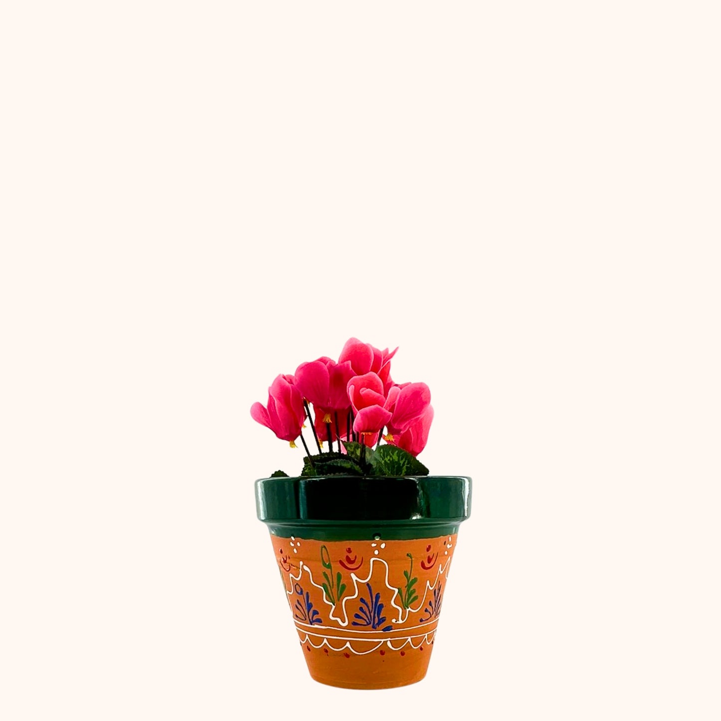 🌿 Keramieken terracotta plantenpotten H18 x Ø18 cm – Groene geglazuurde rand & kleurrijke beschildering