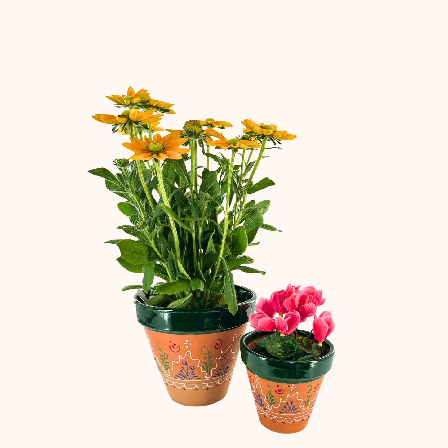 🌿 Keramieken terracotta plantenpotten H18 x Ø18 cm – Groene geglazuurde rand & kleurrijke beschildering