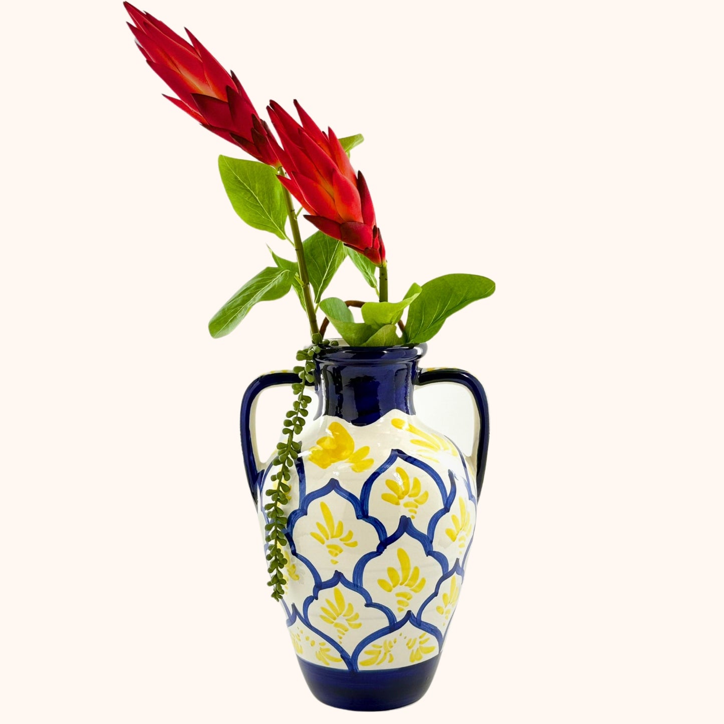 Grote blauw/gele keramieke kruik-42 cm – een handgemaakt pronkstuk voor huis of tuin