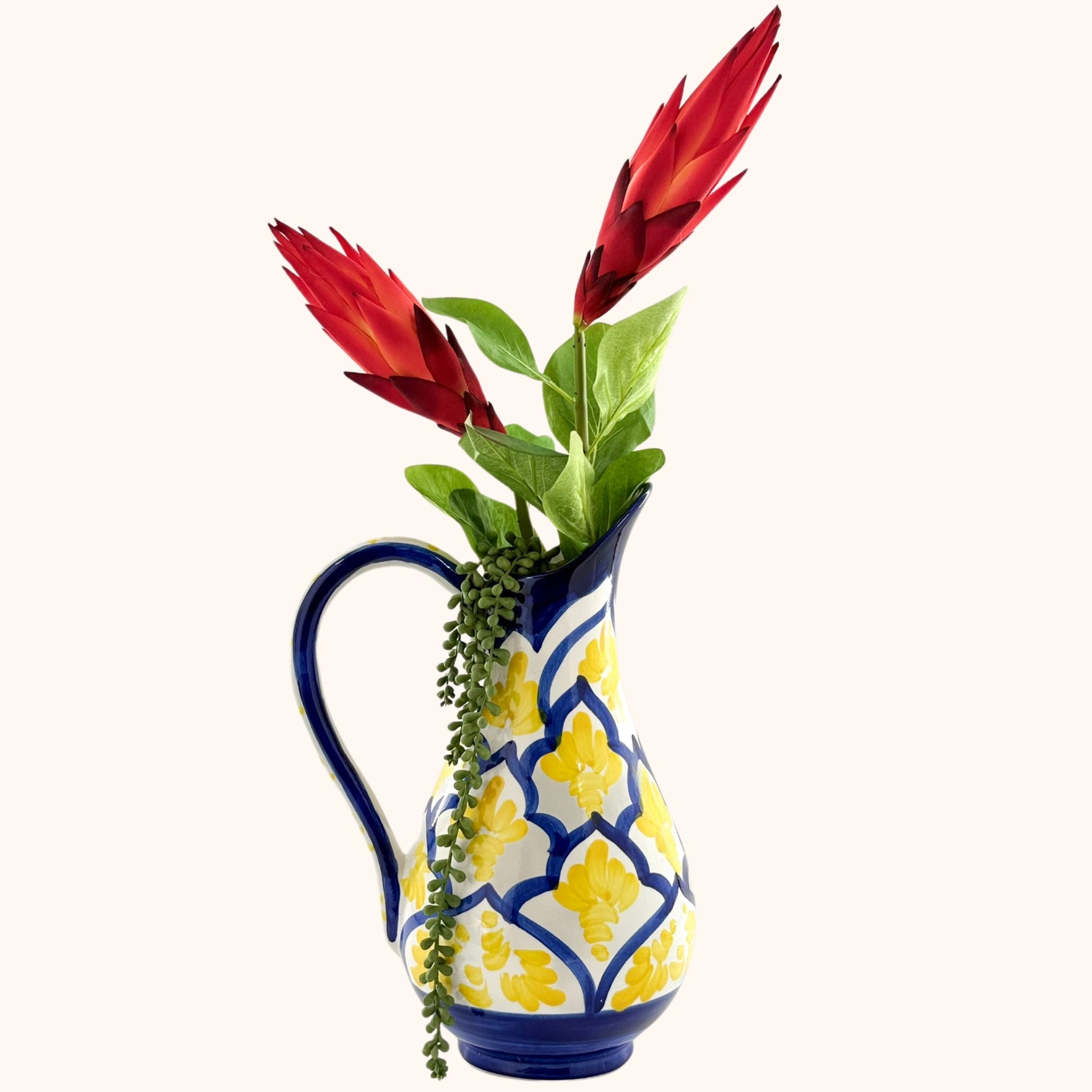 Grote handbeschilderde Spaanse geel/blauwe kan- 42 cm– perfect voor sangria, water of bloemen (kopie), in blauw en geel - Belleza del Sur