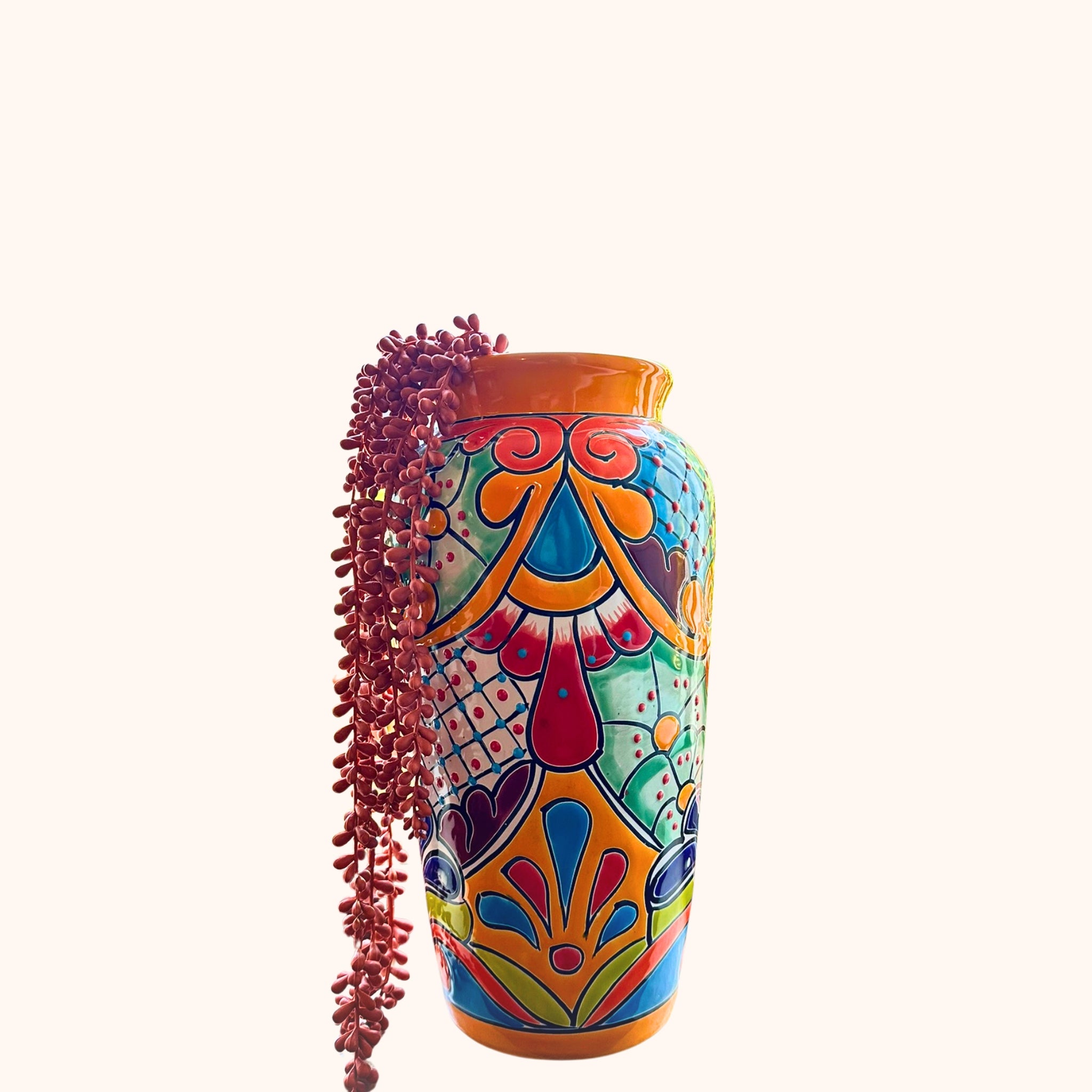 Handgemaakte Fairtrade Mexicaanse vaas 39 cm geel , handgemaakt keramiek uit Mexico in geel - Belleza del Sur