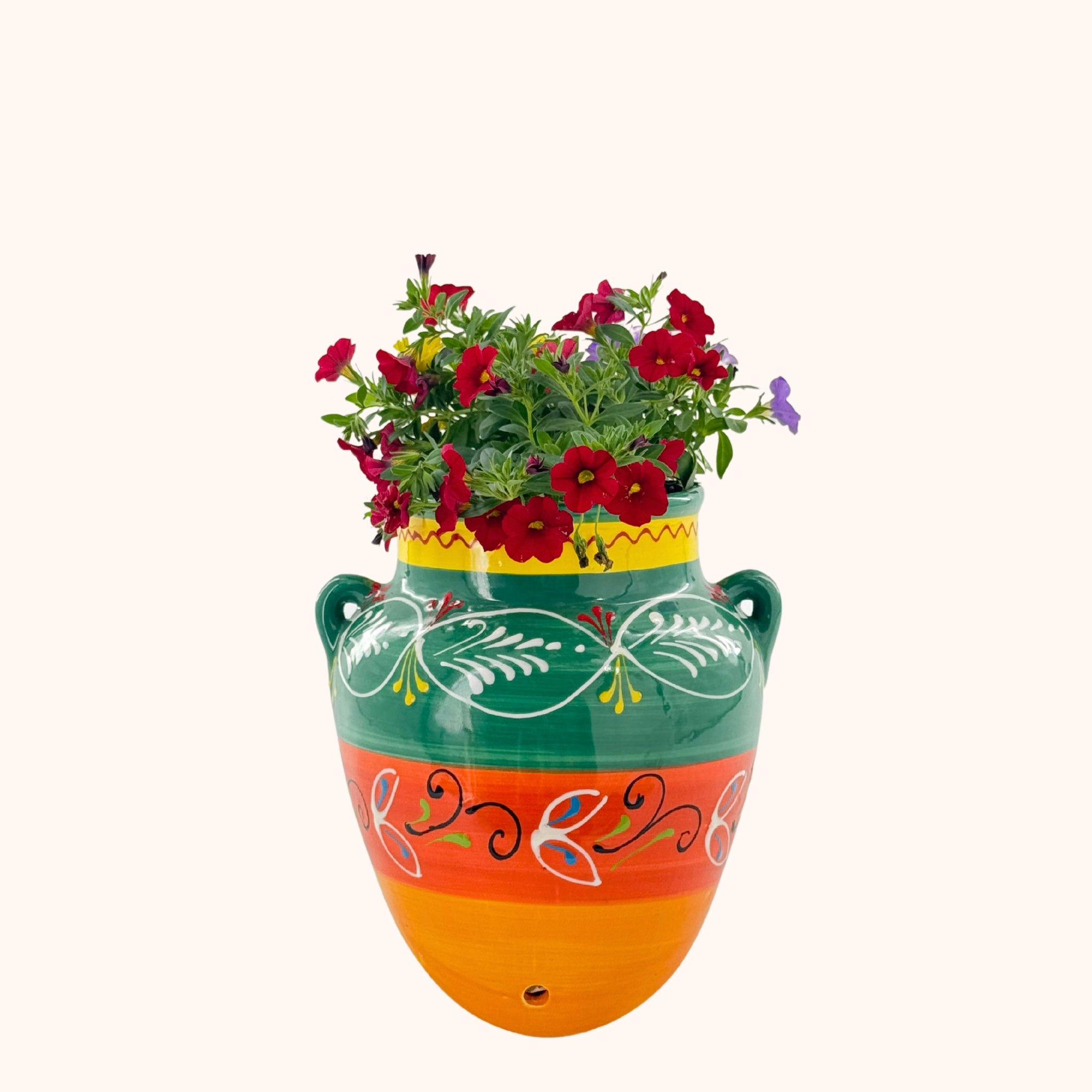 Kleurrijke groen/gele, keramieke hangpot uit Spanje – handgemaakt in Andalusië, handgemaakt keramiek uit Spanje in groen en kleurrijk - Belleza del Sur