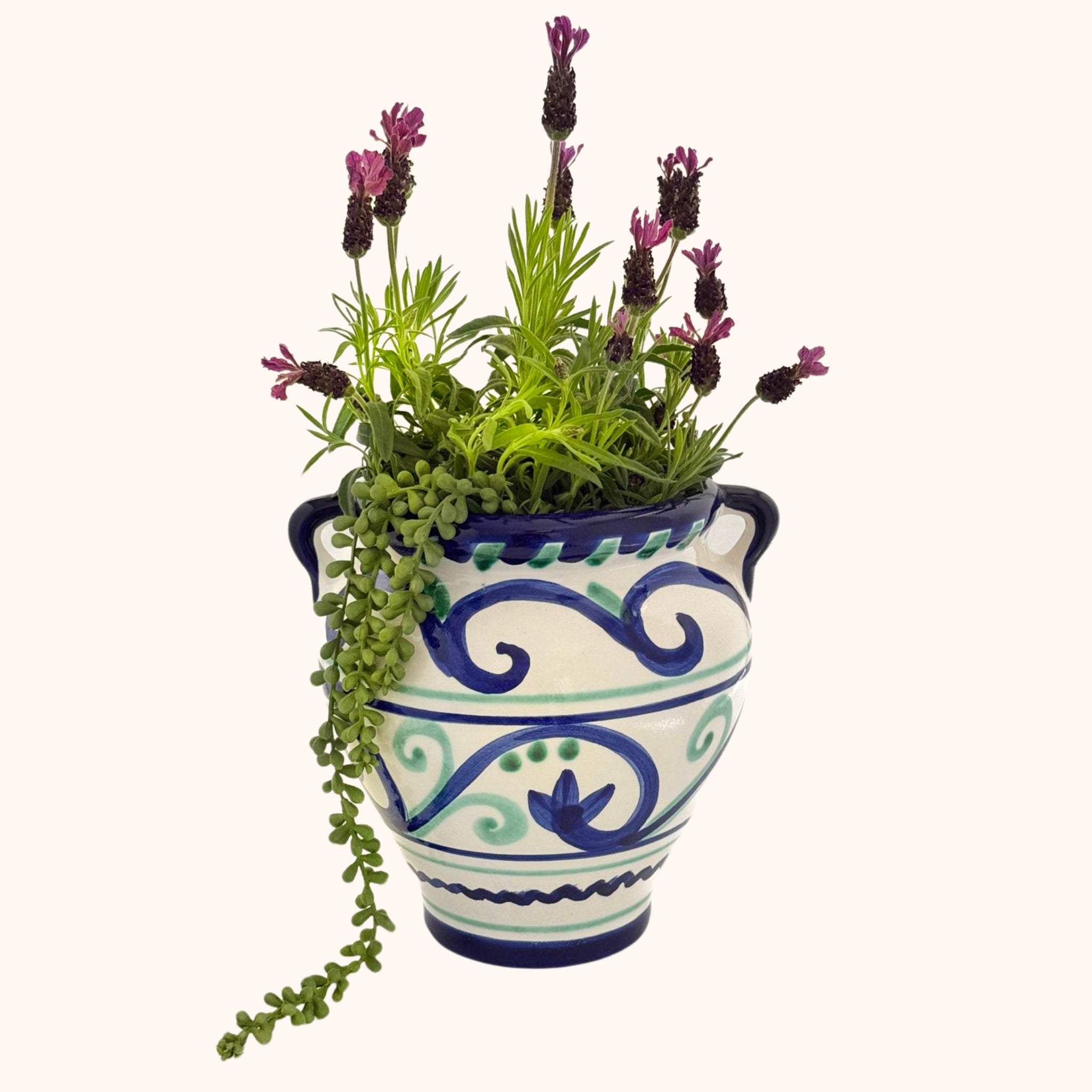 Handbeschilderde groen/blauwe keramieke hangpotten – kleurrijke sfeer uit Andalusië, handgemaakt keramiek uit Spanje in blauw en groen en kleurrijk - Belleza del Sur