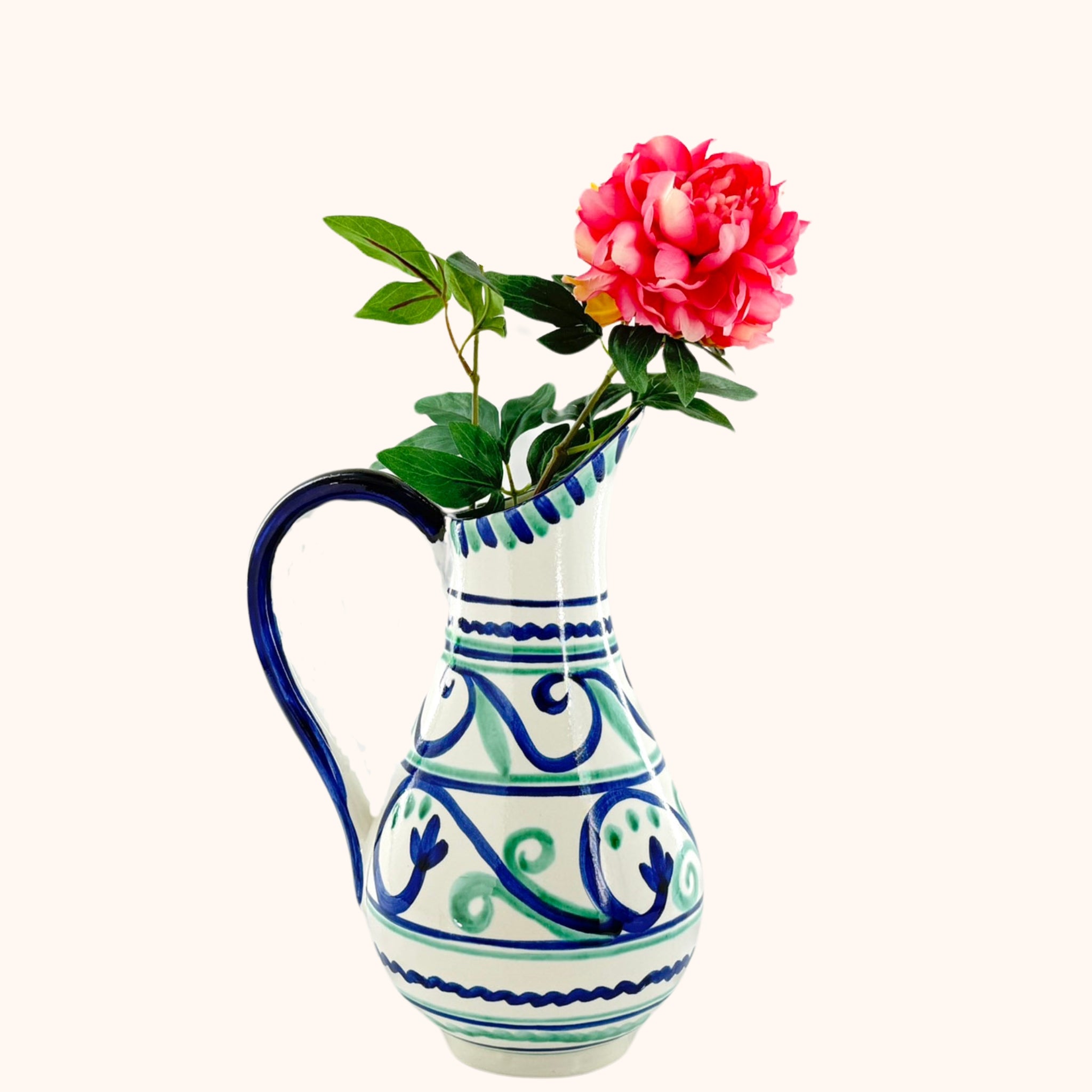 Grote handbeschilderde Spaanse groen/blauwe kan- 42 cm – perfect voor sangria, water of bloemen, in blauw en groen - Belleza del Sur