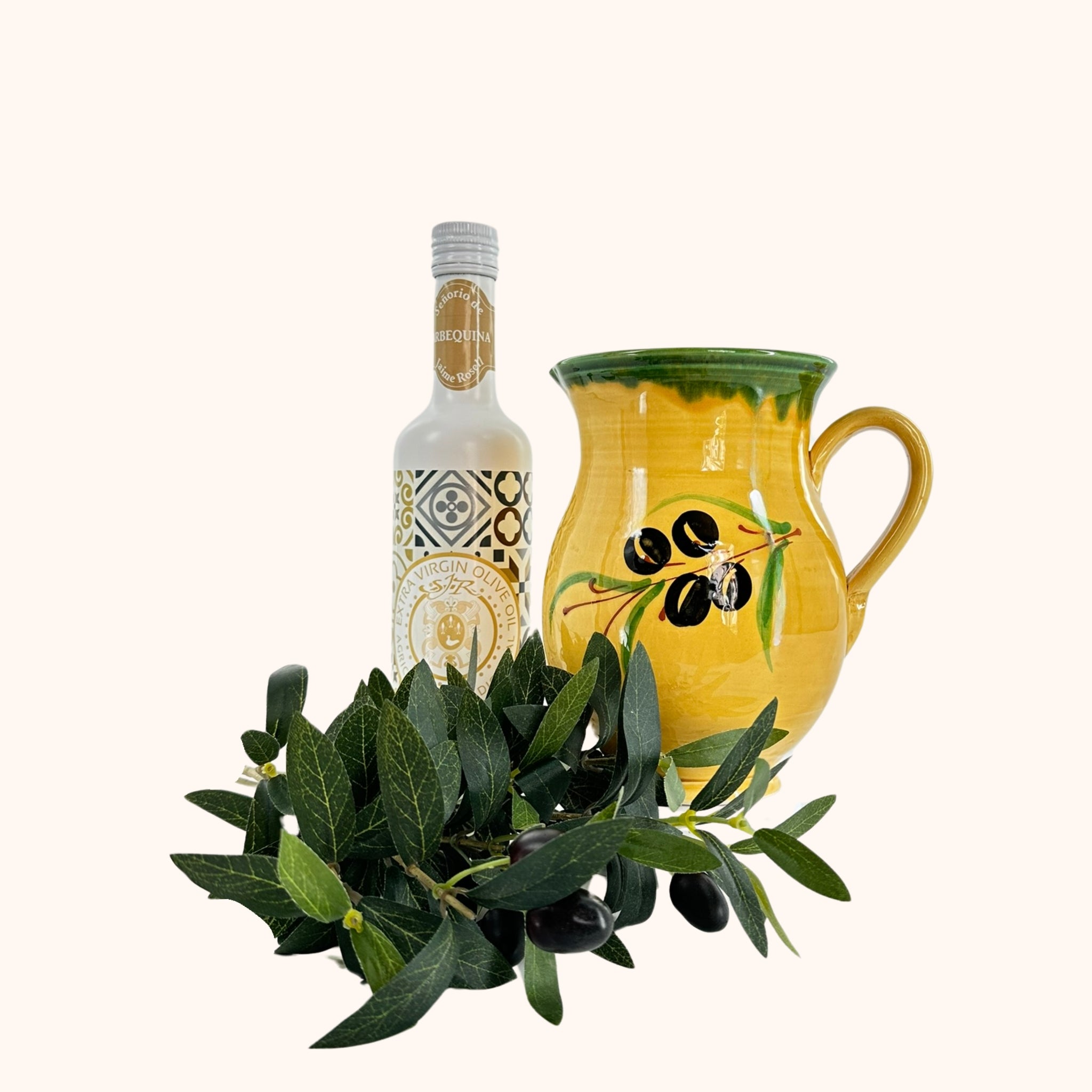 🫒 Keramieke karaf met olijvenprint – 1 liter, handgemaakt keramiek uit Spanje - Belleza del Sur