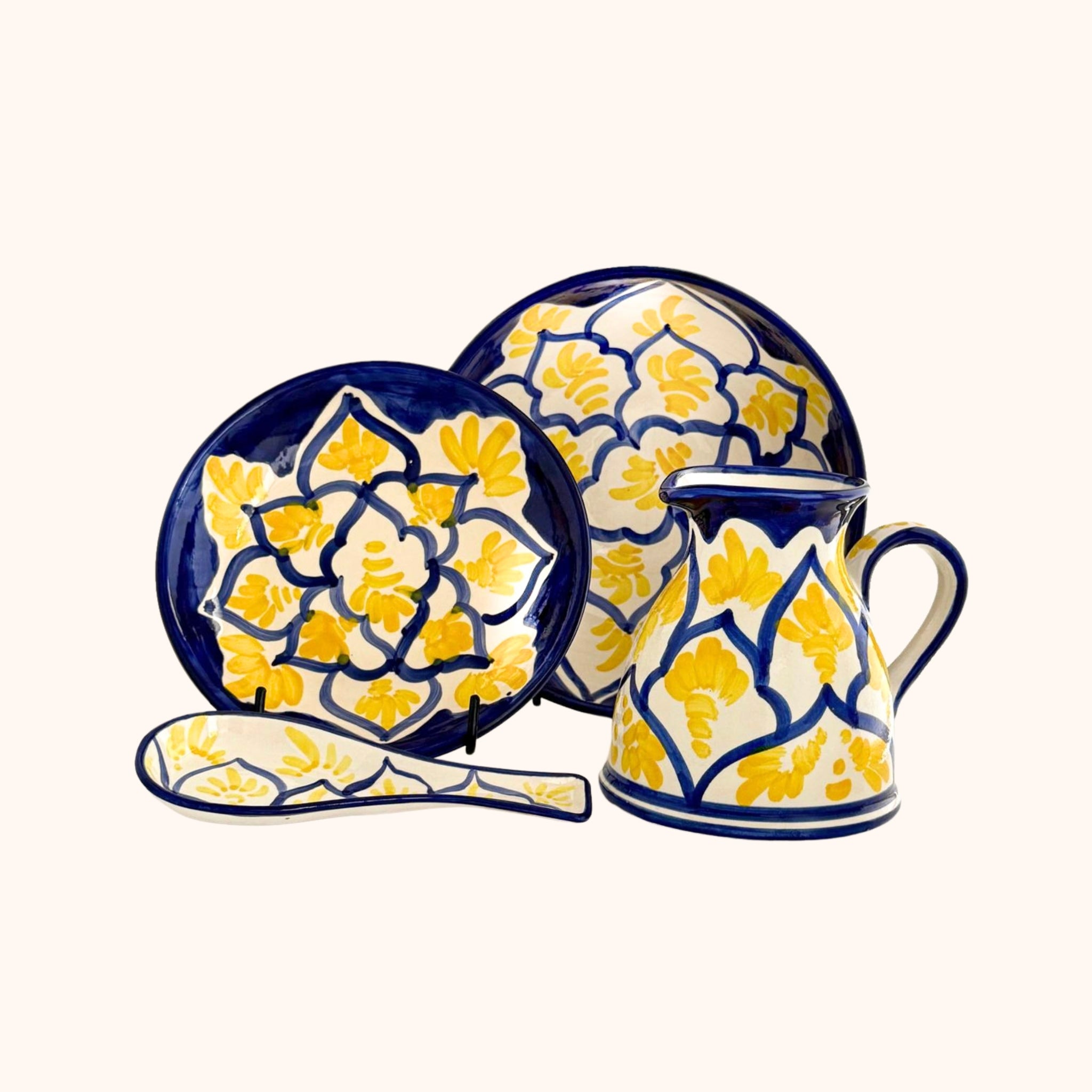 Handgemaakte keramieke geel/blauwe tafelset – kleurrijk servies uit Spanje, handgemaakt keramiek uit Spanje in blauw en geel en kleurrijk - Belleza del Sur