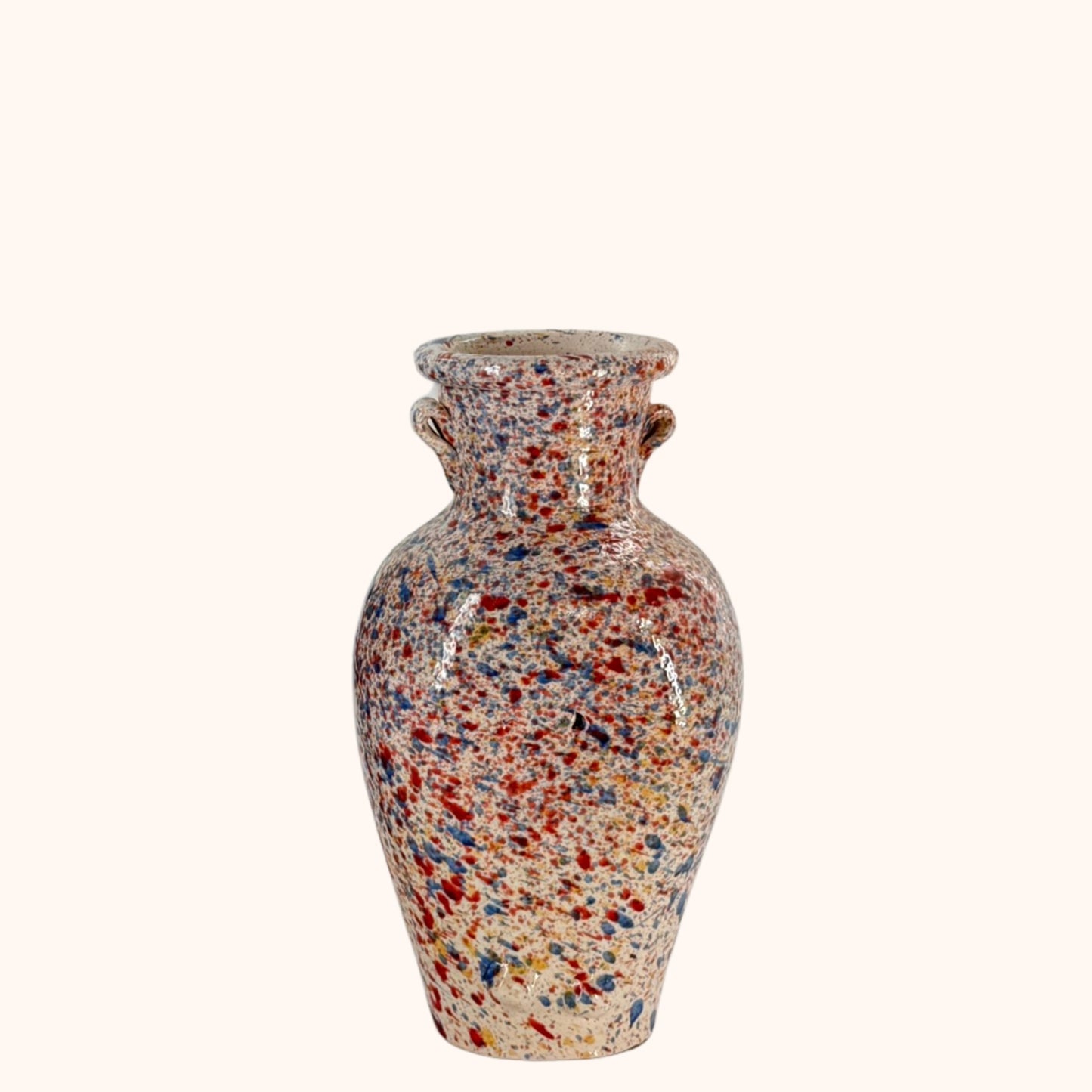 Kleine terracotta kruik met opening – wit, geel, blauw & rood | 29 x 15 cm