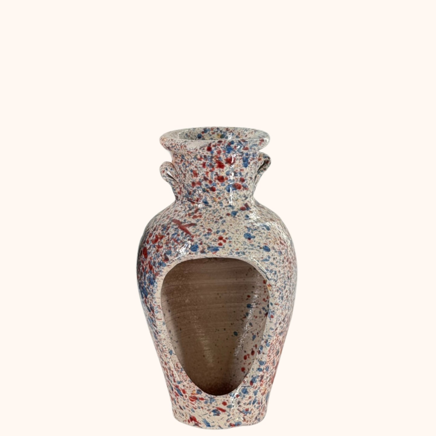 Kleine terracotta kruik met opening – wit, geel, blauw & rood | 29 x 15 cm
