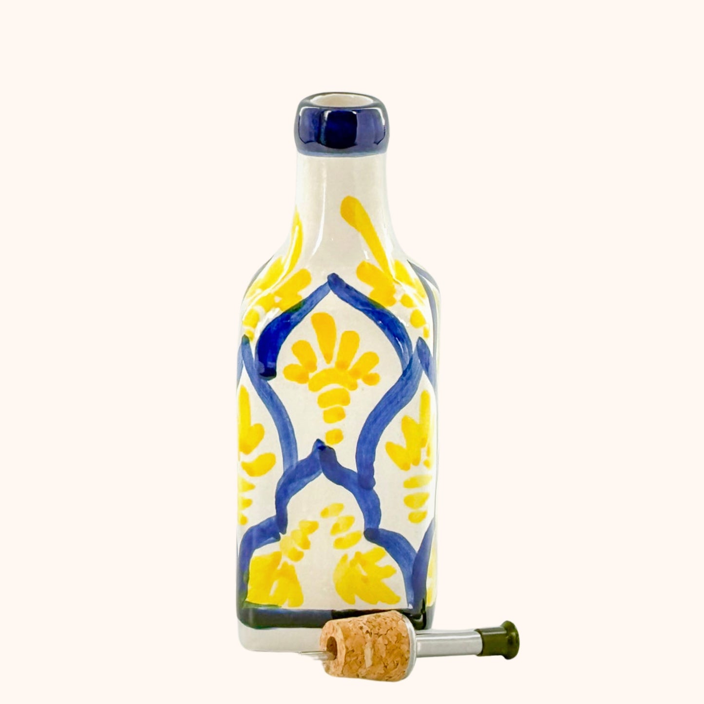 Handbeschilderde olijfoliefles blauw/geel vierkant – kleurrijk keramiek uit Andalusië