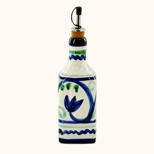 Handbeschilderde olijfoliefles groen/blauw vierkant – kleurrijk keramiek uit Andalusië