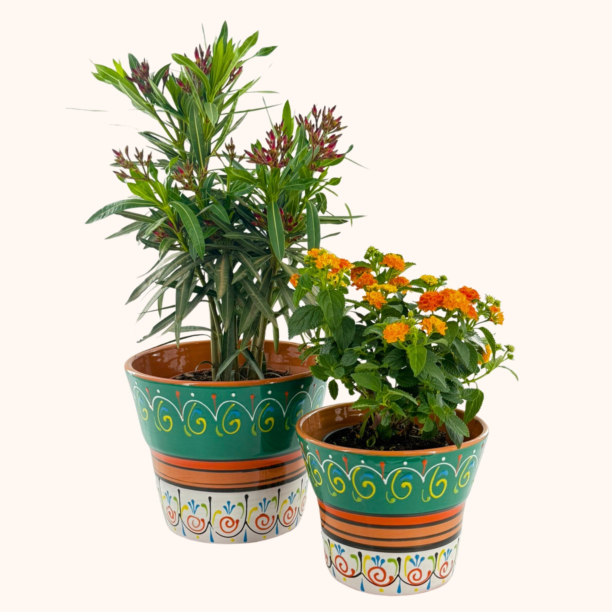 Handbeschilderde Spaanse keramieke bloempot Verde y Blanco, handgemaakt keramiek uit Spanje - Belleza del Sur