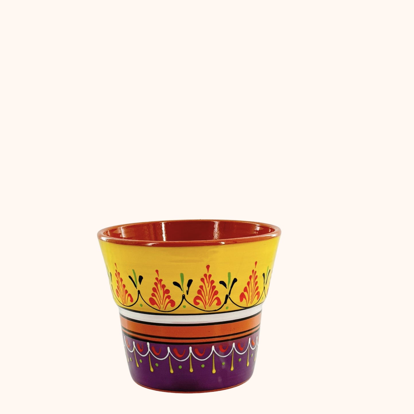 Handbeschilderde Spaanse keramieke bloempot Purpura y amarillo