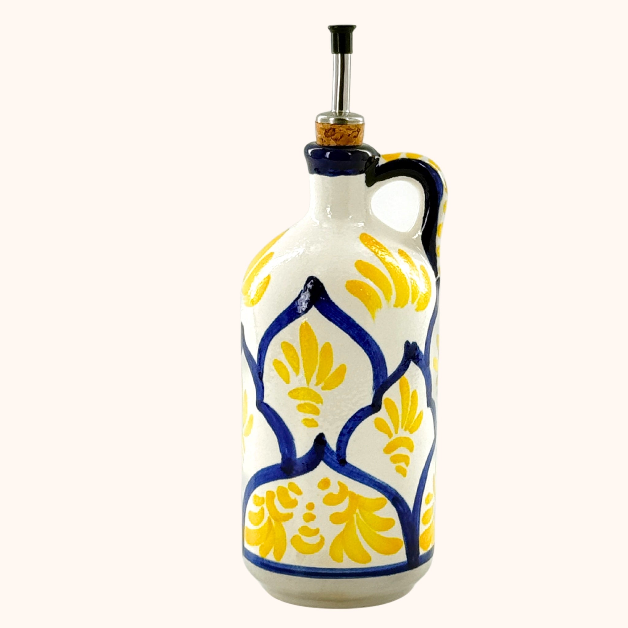 Grote ronde geel/blauwe olijfoliefles met oortje – handbeschilderd keramiek uit Spanje, handgemaakt keramiek uit Spanje in blauw en geel - Belleza del Sur