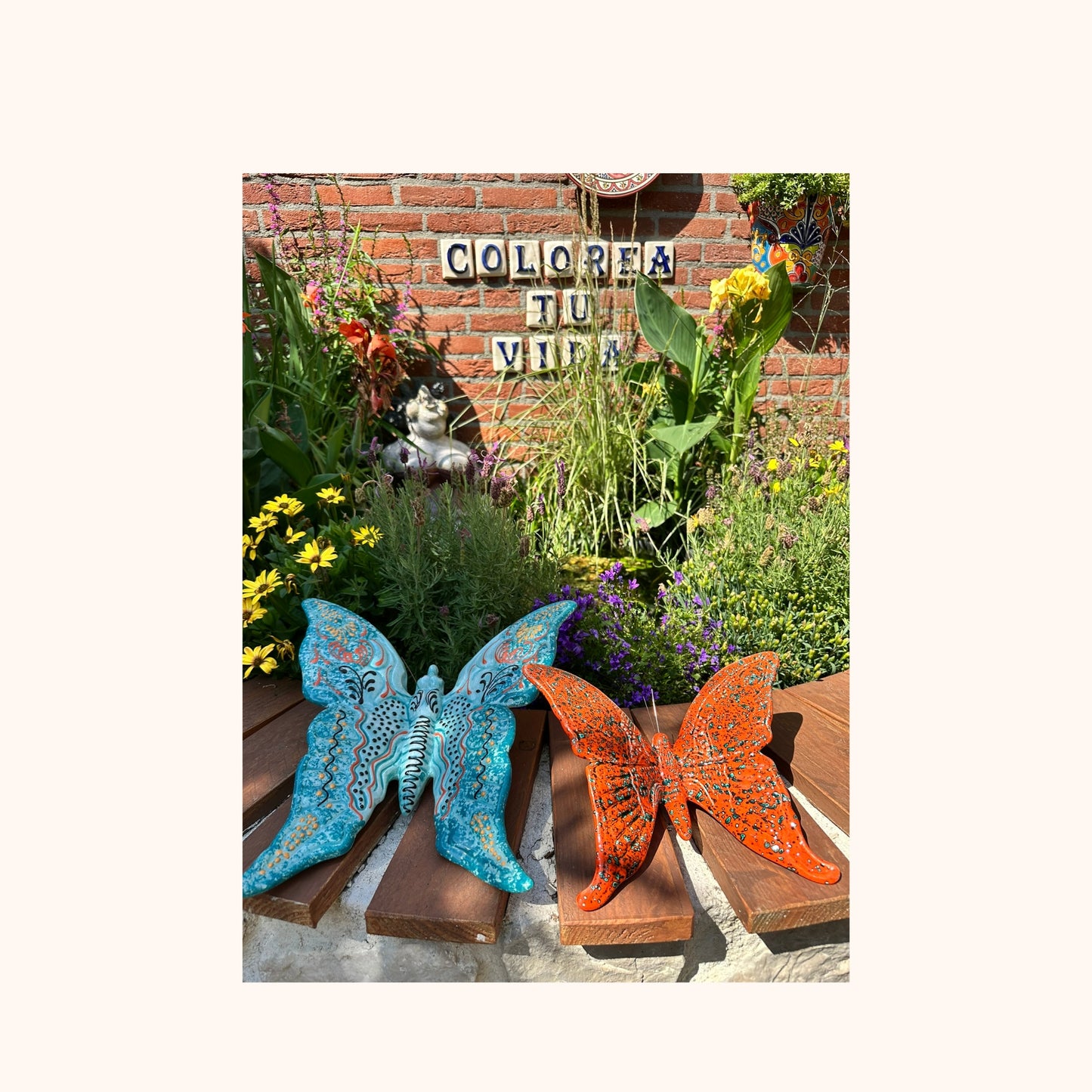 🦋 Middel vlinder, Spaanse keramiek (20 cm) oranje/blauw:
