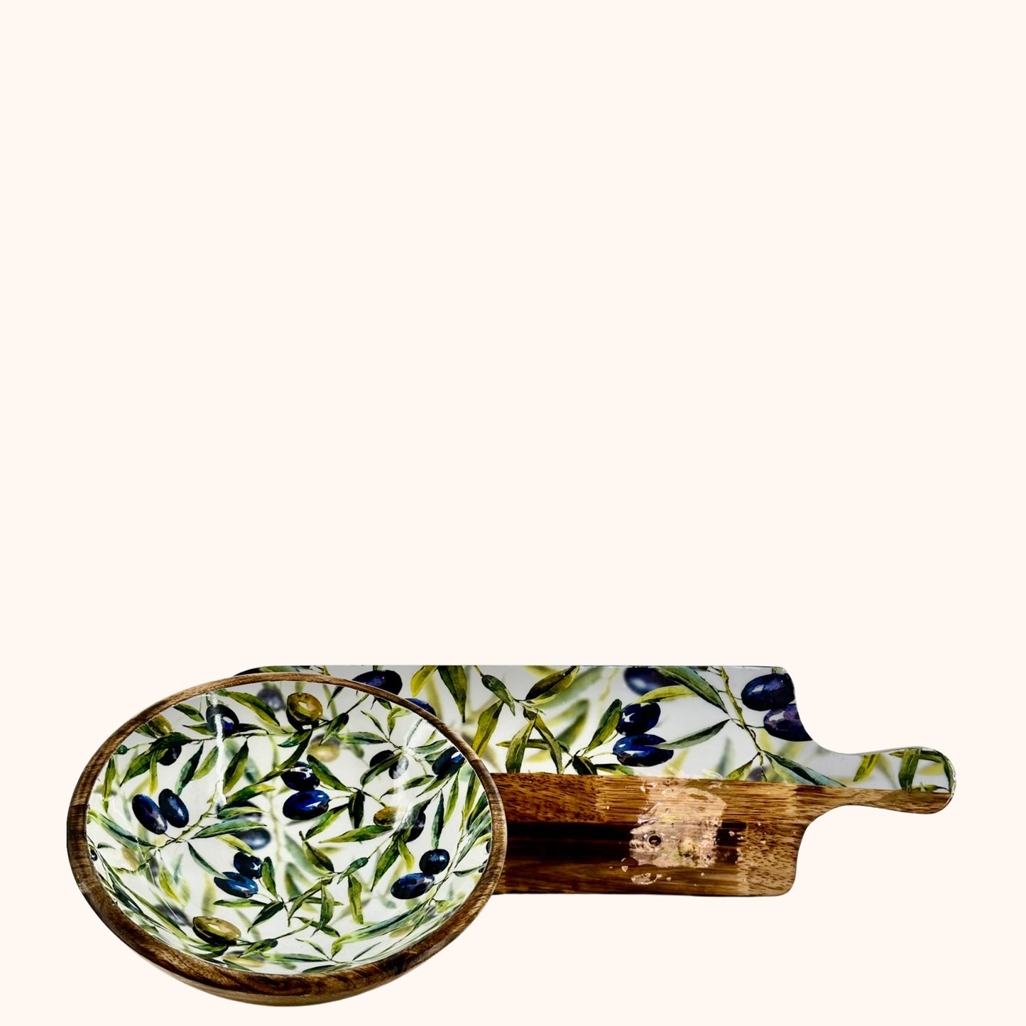 🫒 Grote tapasplank – hout & glazuur met olijvenprint