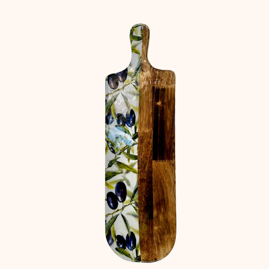 🫒 Grote tapasplank – hout & glazuur met olijvenprint