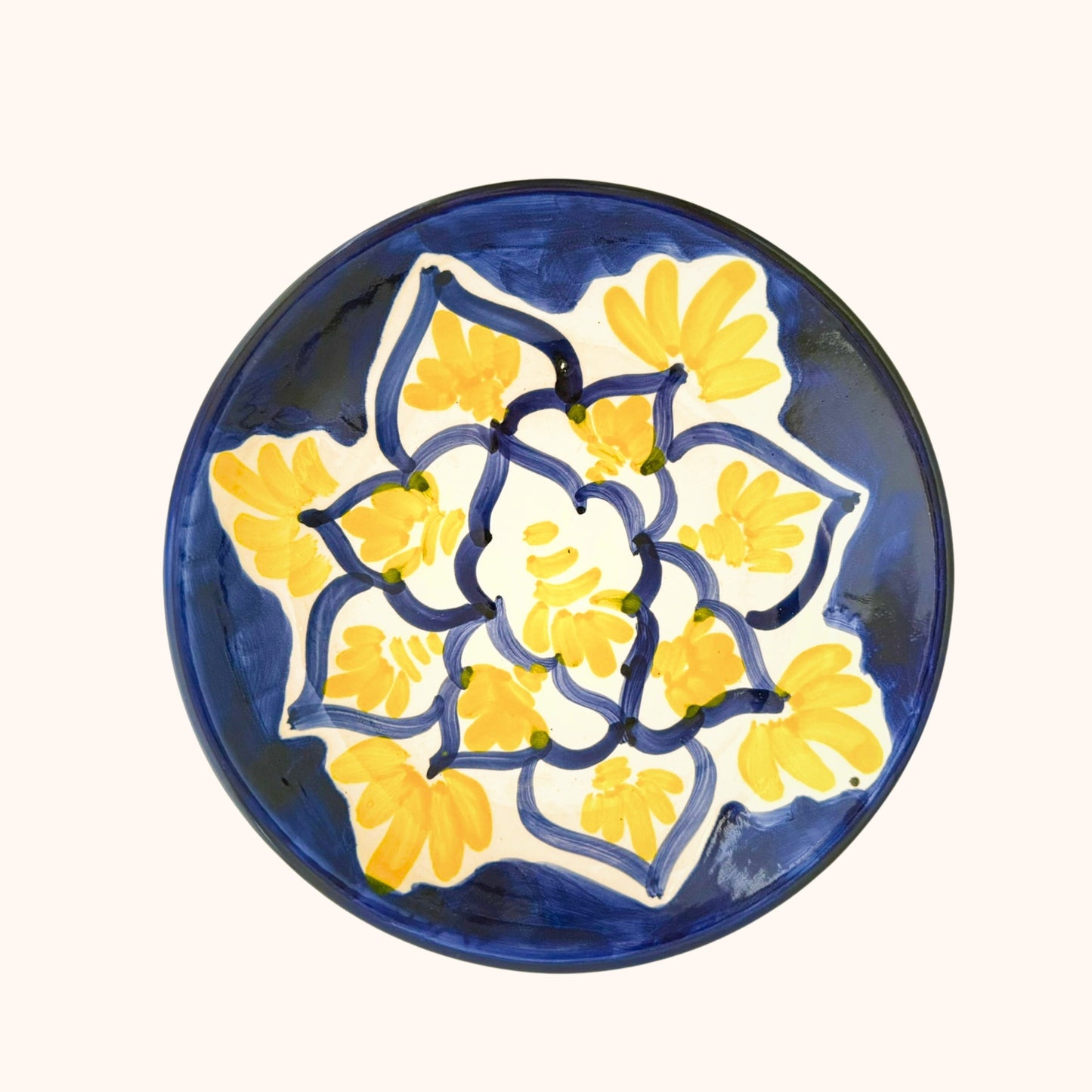Keramieke serveerschaal/tapasbord geel/blauw– kleurrijk en handbeschilderd uit Spanje