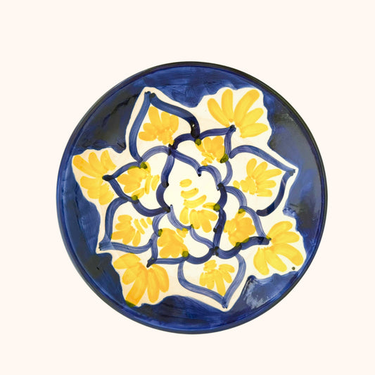 Keramieke serveerschaal/tapasbord geel/blauw– kleurrijk en handbeschilderd uit Spanje