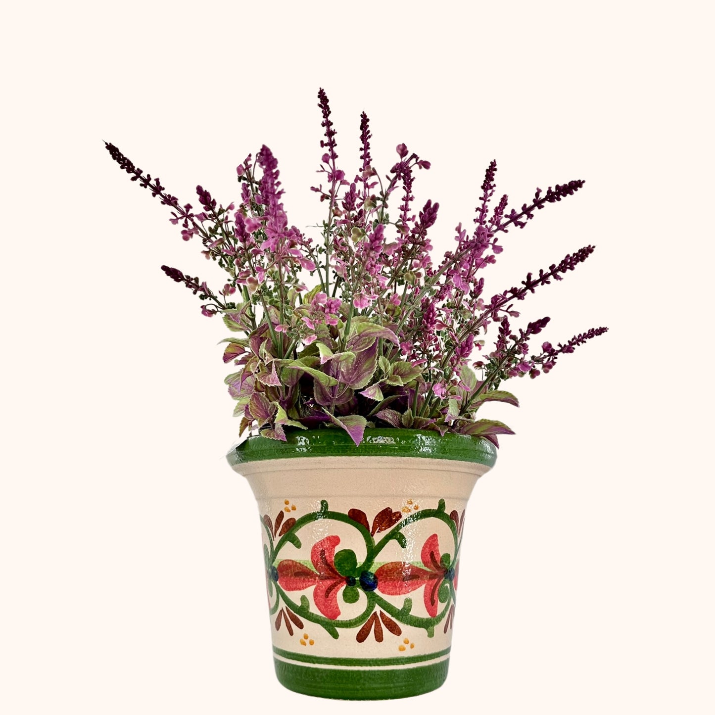 Terracotta bloempot groen 26 cm hoog – handbeschilderd met drainagegat