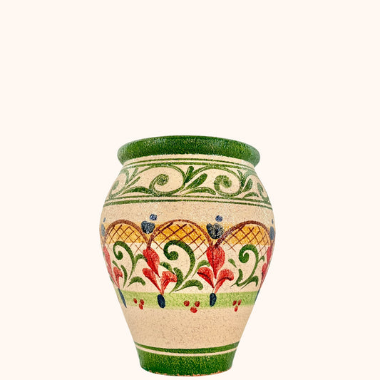 Terracotta bloempot groen 31 cm hoog – handbeschilderd met drainagegat