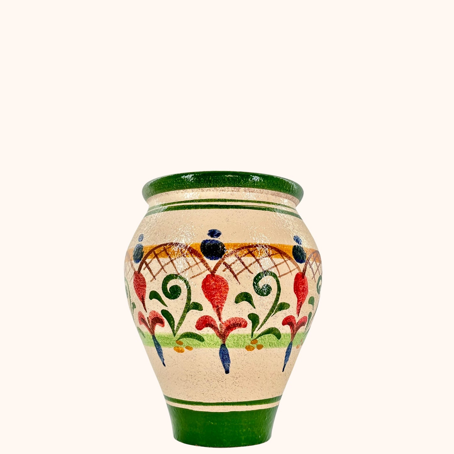 Terracotta bloempot groen 31 cm hoog – handbeschilderd met drainagegat