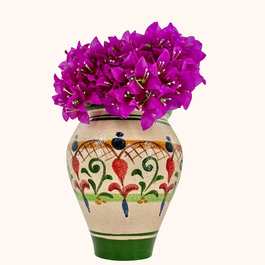 Terracotta bloempot groen 31 cm hoog – handbeschilderd met drainagegat