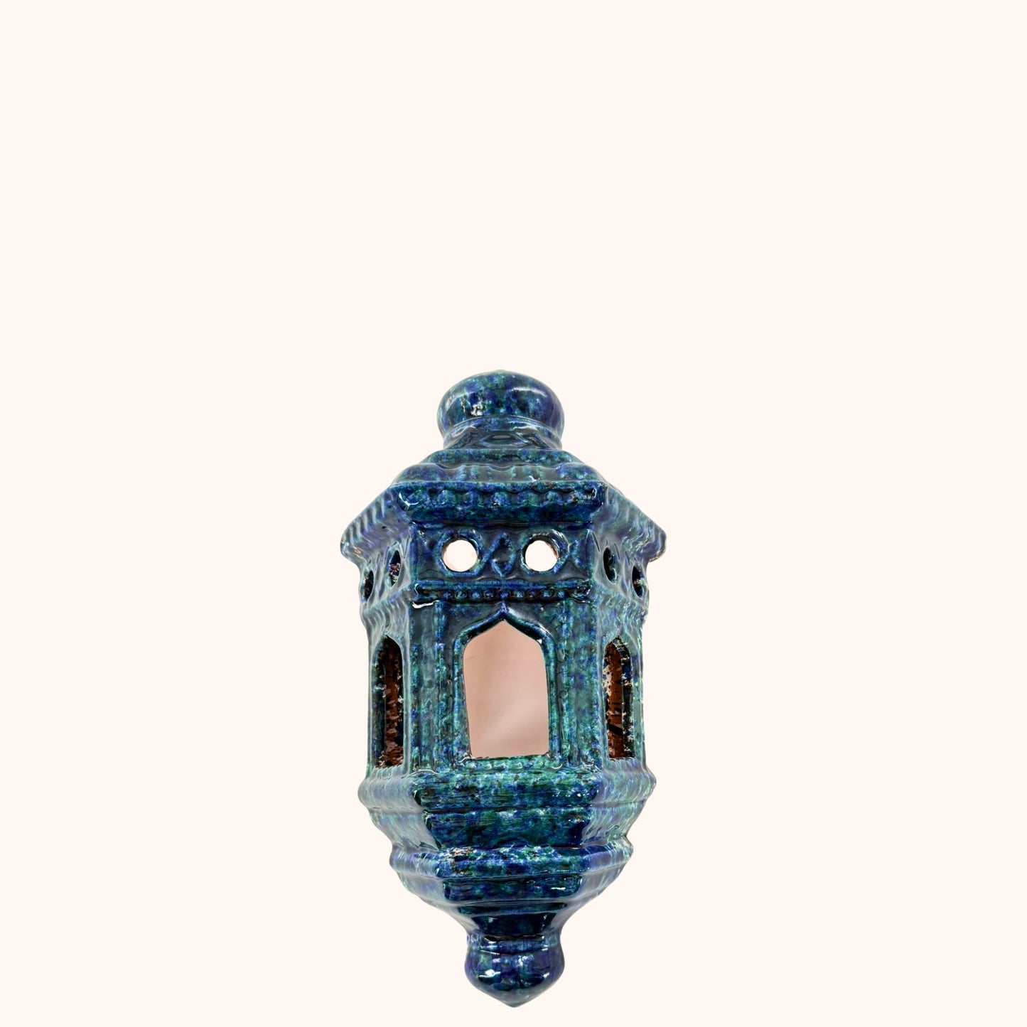 Wandlantaarn van terracotta – Blauw/groen– 40x23 cm