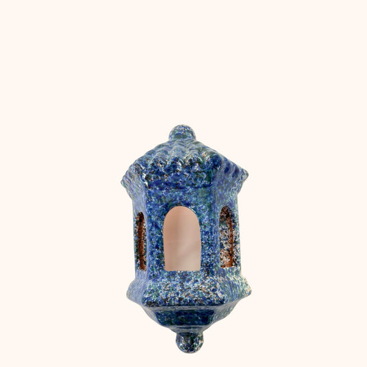 Wandlantaarn van terracotta – Blauw/wit – 40x23 cm