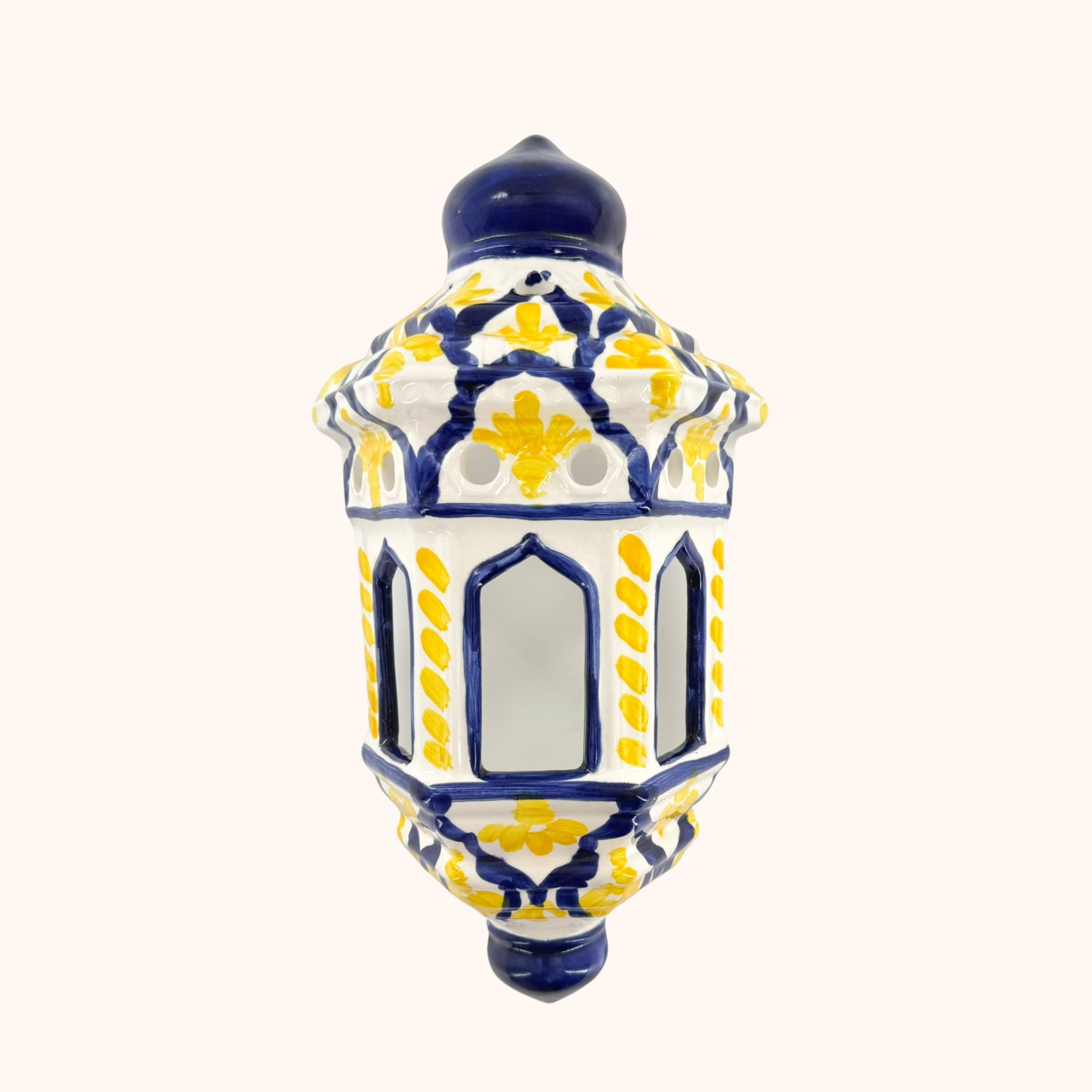 Mediterrane handbeschilderde geel/blauwe wandlantaarn keramiek – kleur en warmte voor je tuinmuur, handgemaakt keramiek uit Spanje in blauw en geel - Belleza del Sur